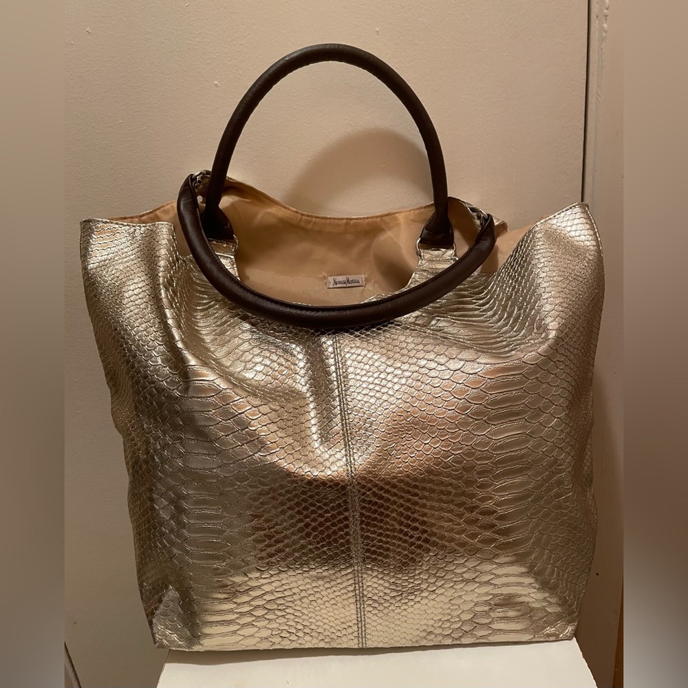 Neiman Marcus Gold Metallic Python Snakeskin Embossed Tote Bag